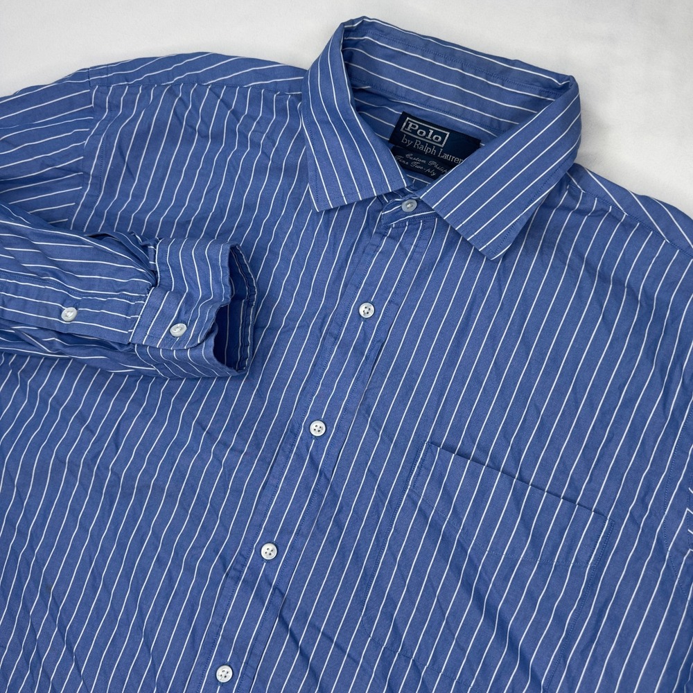 Polo Ralph Lauren Shirt Men's XL Custom Philip Fine Two-Ply 100's Blue Striped